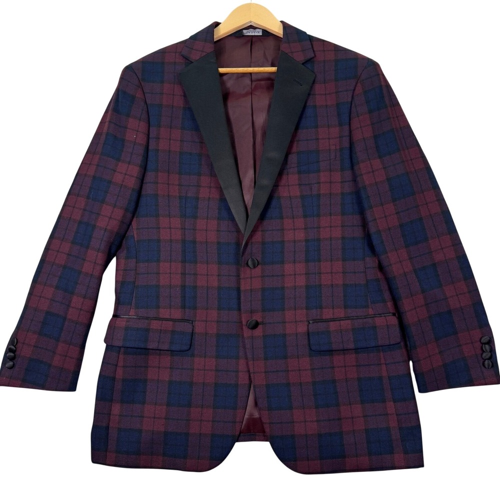 Jos A Bank Mens 43R Slim Fit Blazer Plaid Tuxedo Jacket Burgundy Blue Sport Coat